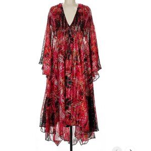 Beautiful Karen Millen Paisley Red Cocktail Dress Long Sleeve Flowy Mesh